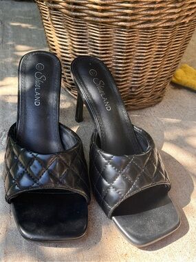 ShoeLAND Black Quilted High Heel Slide Mules